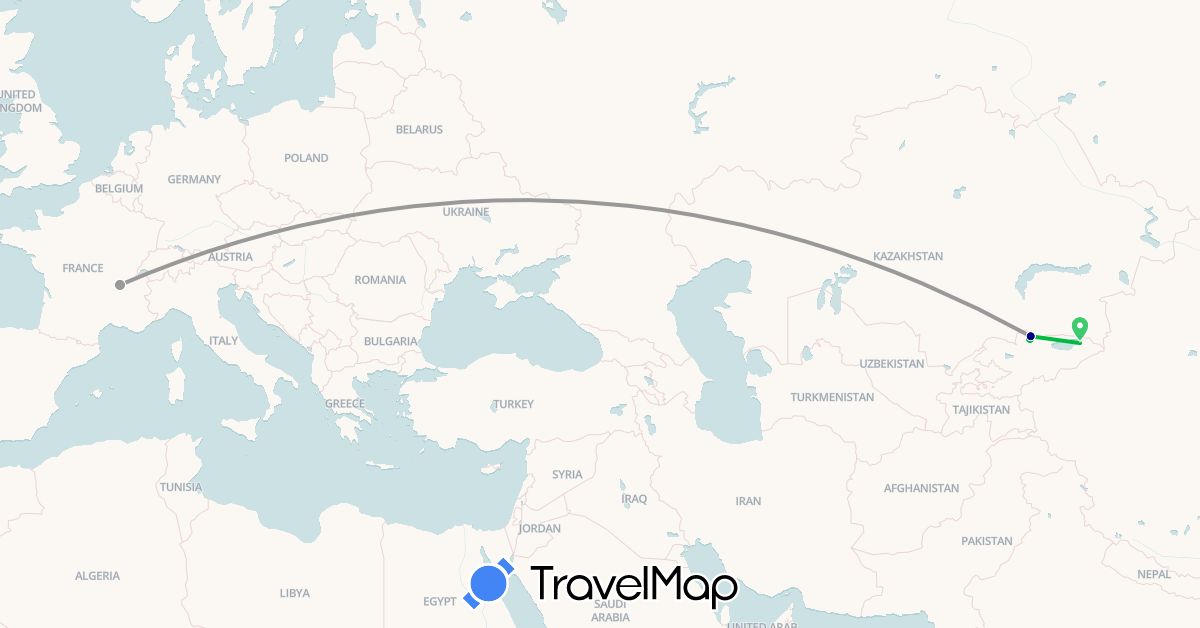 TravelMap itinerary: driving, bus, plane in France, Kyrgyzstan (Asia, Europe)